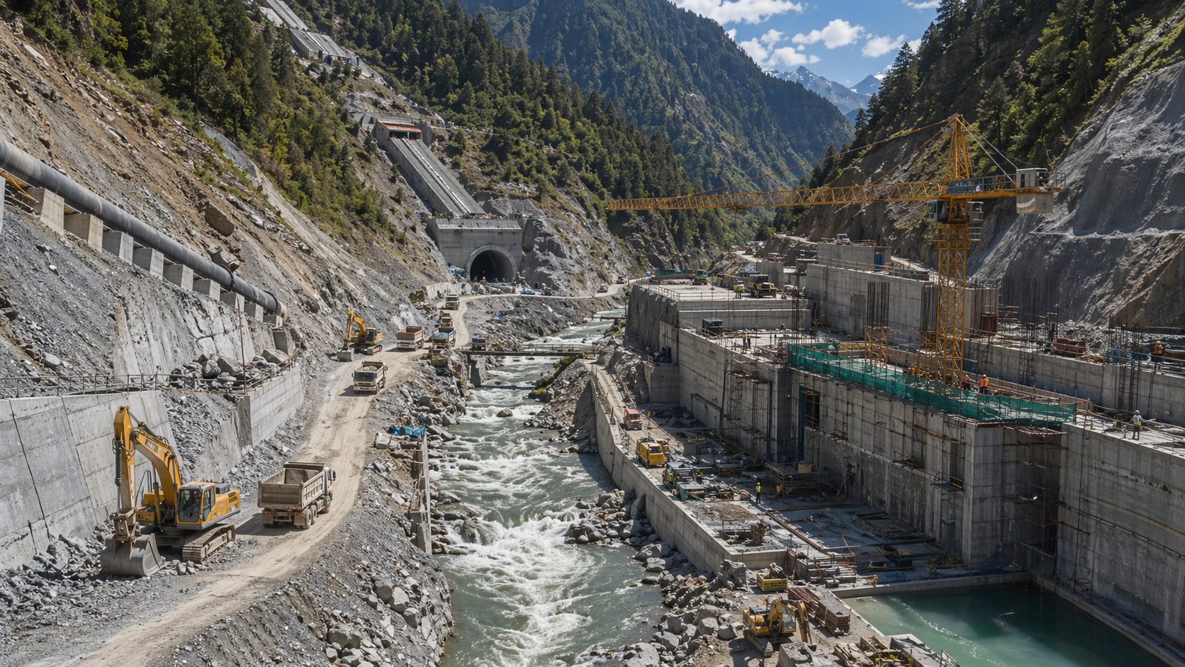 Hydropower infrastructure construction with heavy equipment in Himalayan terrain