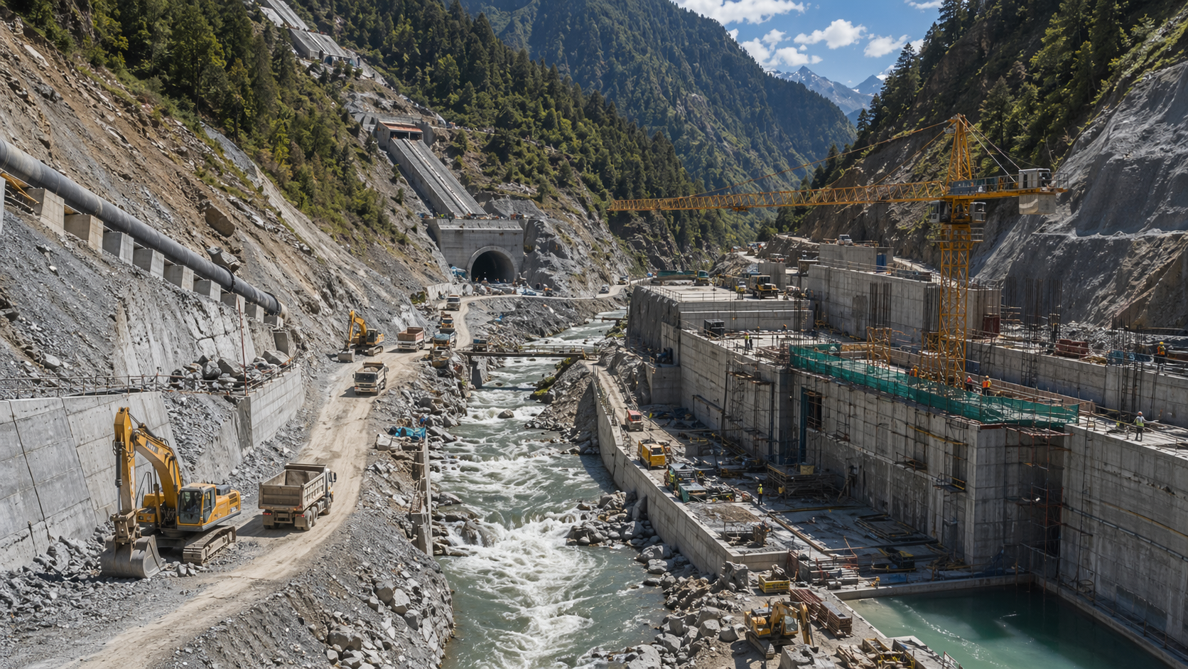 Hydropower infrastructure construction with heavy equipment in Himalayan terrain